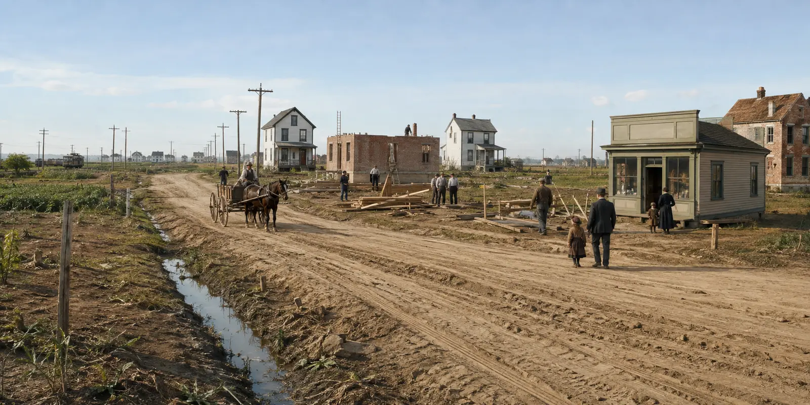 Reconstructed early twentieth-century street with houses under construction and a horse wagon