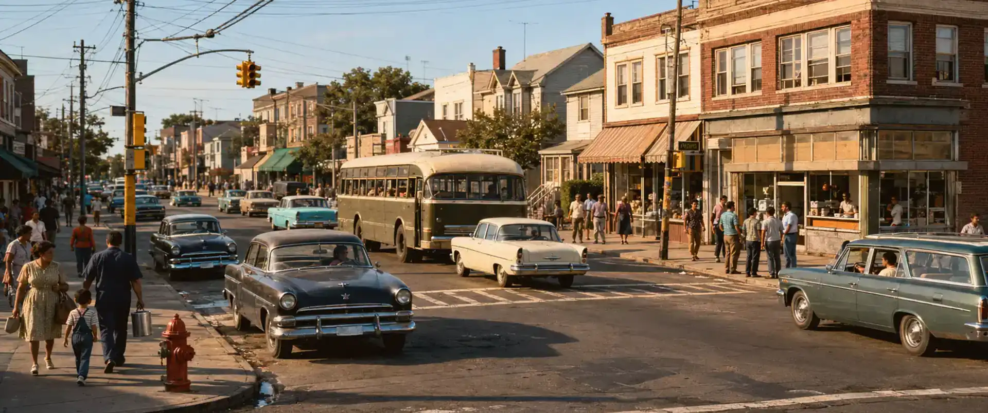 Crowded postwar South Ozone Park commercial and residential intersection
