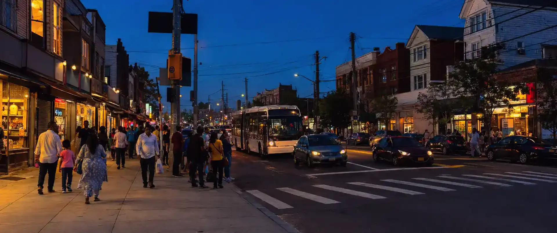 Contemporary South Ozone Park commercial corridor with homes, storefronts, bus traffic and diverse families