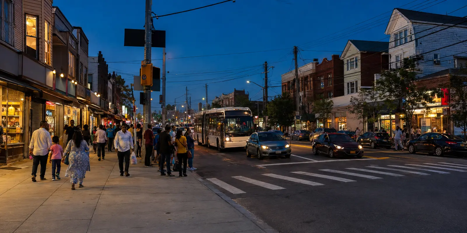 South Ozone Park commercial corridor filled with homes, storefronts, buses and evening street life